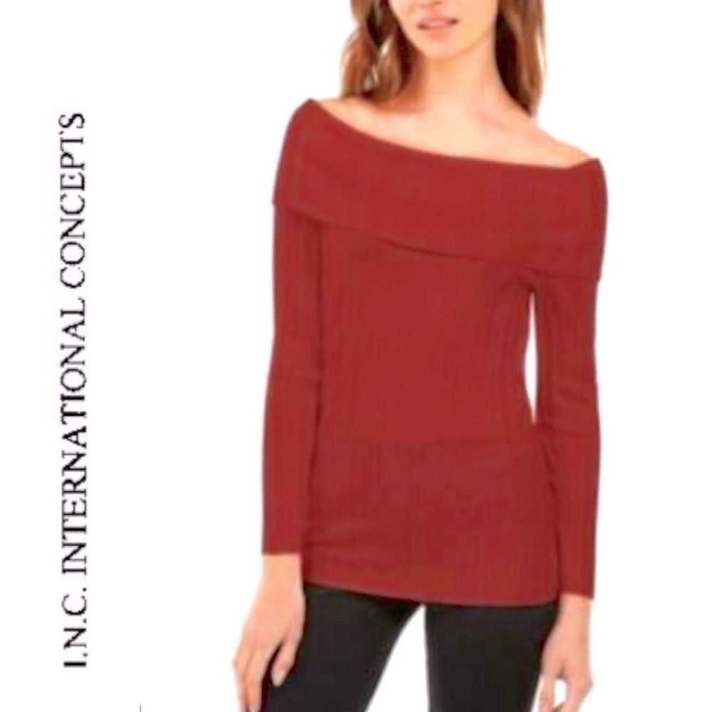 NWT $70R.  INC Autumn Run Off The Shoulder Ribbed Top size Large. Burnt …